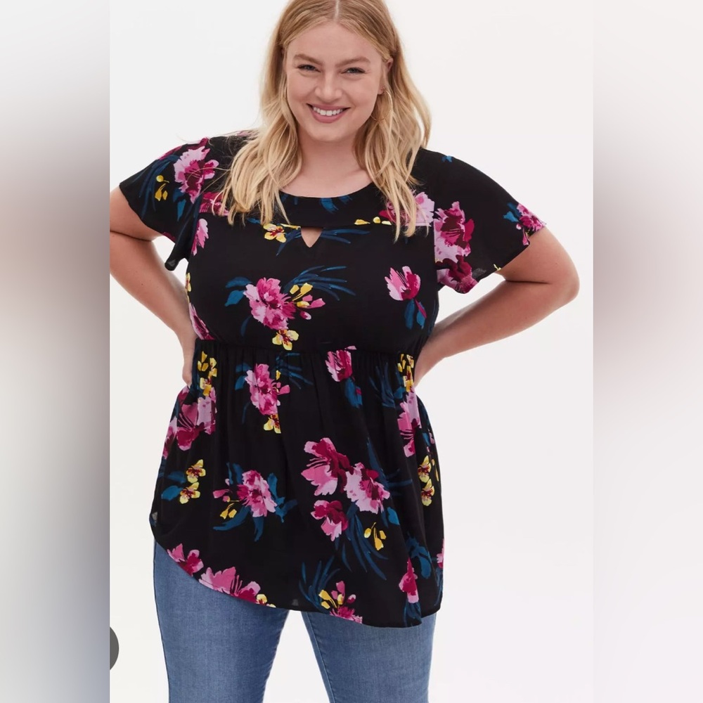 Torrid Black Floral Summer Breathable Blouse with Pink and Yellow Accents Size 3